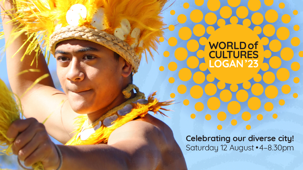 World of cultures event. Polynesian dancer with yellow colour traditional attire